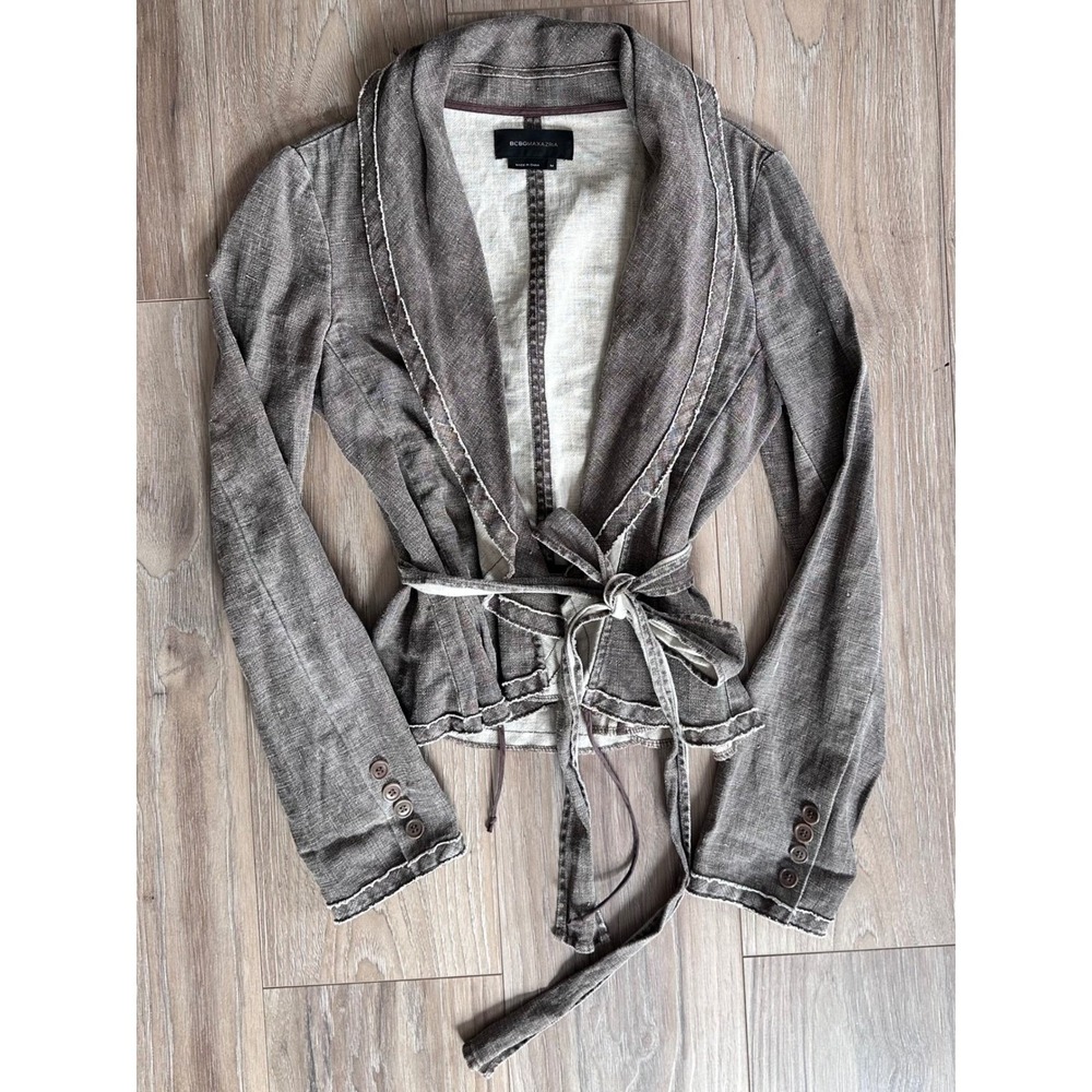 BCBG MaxAzria Med 100% Linen Wrap Jacket Old Money Boho Cottage Equestrian Y2K
